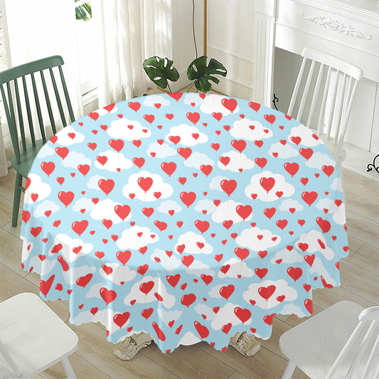Red Heart Balloon Pattern Print Waterproof Round Tablecloth