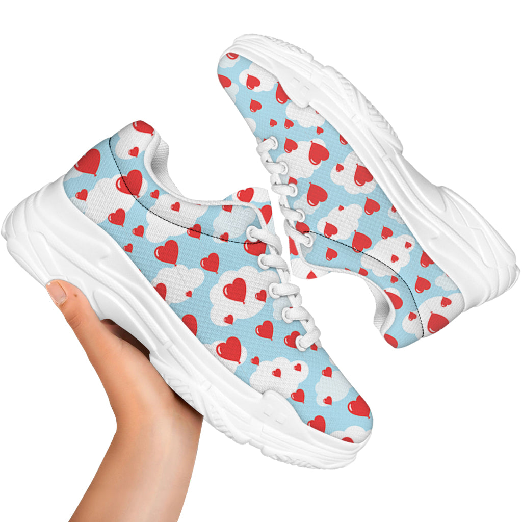 Red Heart Balloon Pattern Print White Chunky Shoes