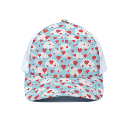 Red Heart Balloon Pattern Print White Mesh Trucker Cap