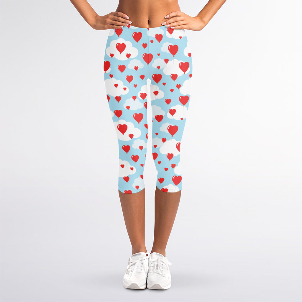 Red Heart Balloon Pattern Print Women's Capri Leggings