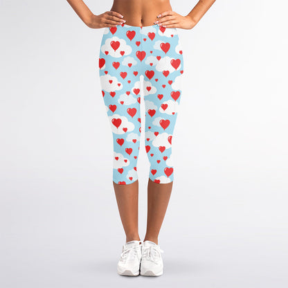 Red Heart Balloon Pattern Print Women's Capri Leggings