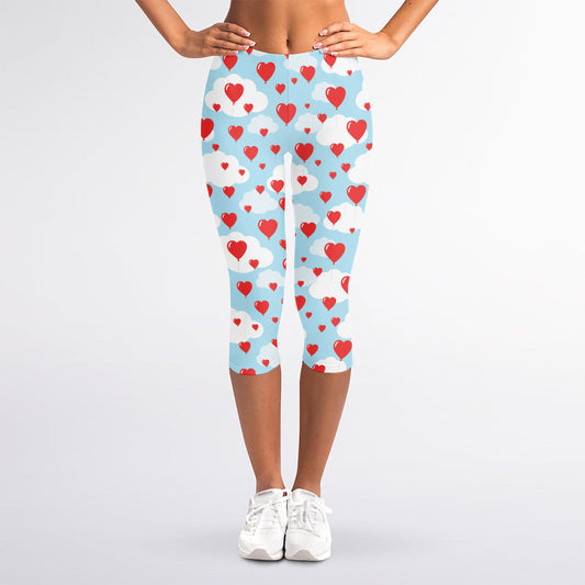 Red Heart Balloon Pattern Print Women's Capri Leggings