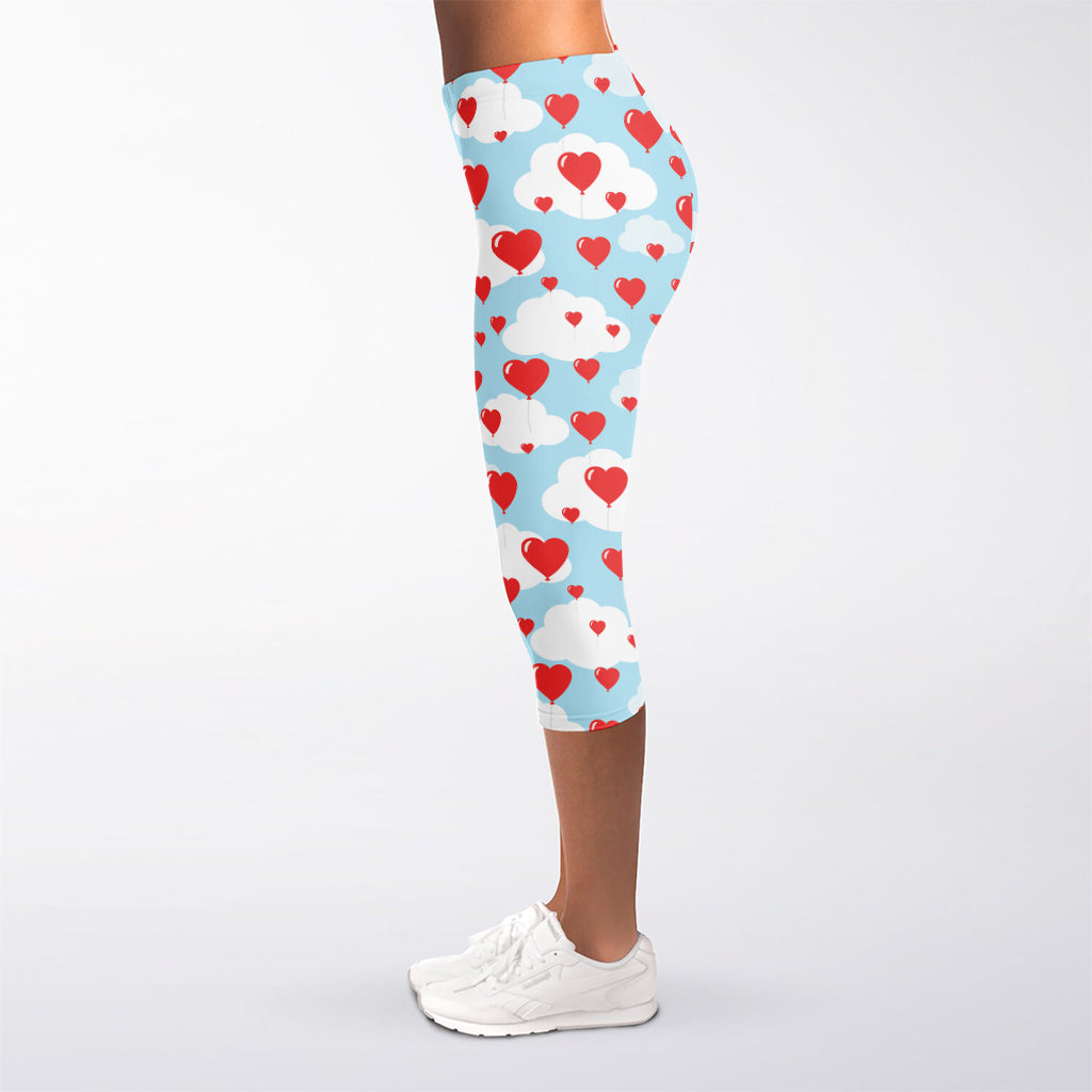Red Heart Balloon Pattern Print Women's Capri Leggings