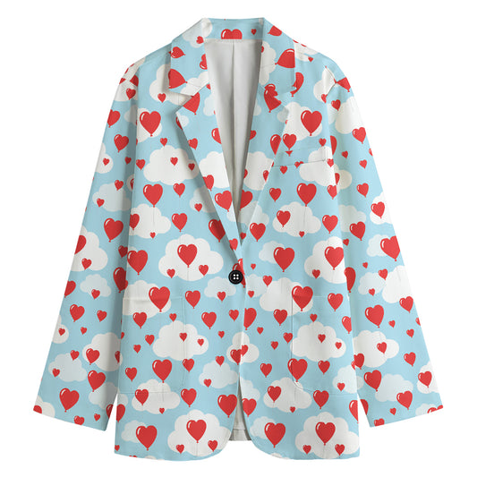 Red Heart Balloon Pattern Print Women's Cotton Blazer