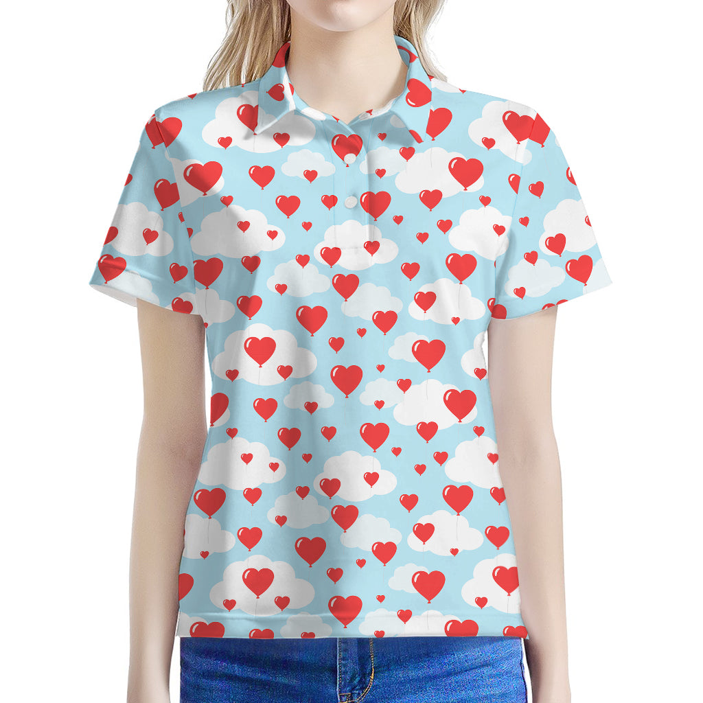 Red Heart Balloon Pattern Print Women's Polo Shirt