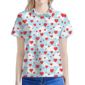 Red Heart Balloon Pattern Print Women's Polo Shirt