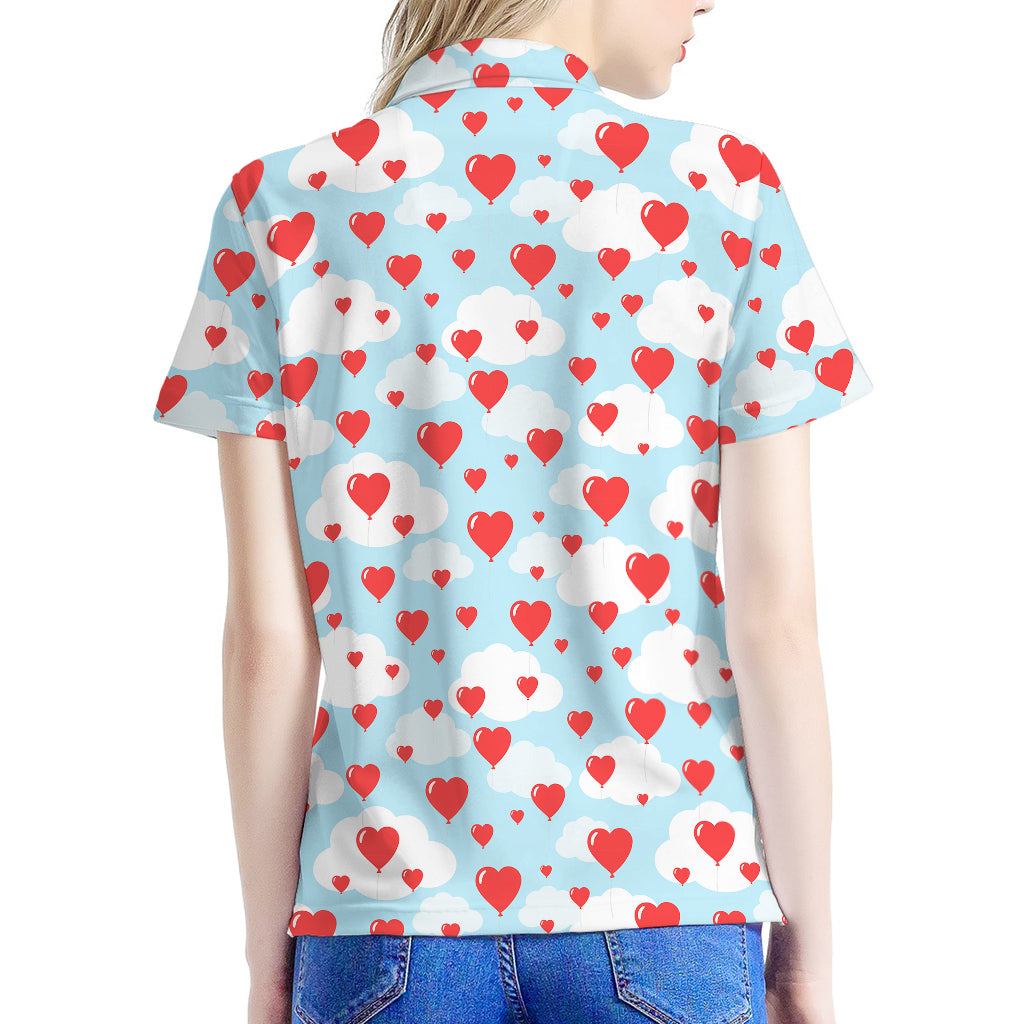 Red Heart Balloon Pattern Print Women's Polo Shirt