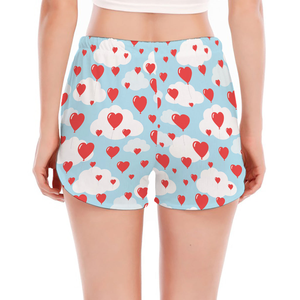 Red Heart Balloon Pattern Print Women's Split Running Shorts