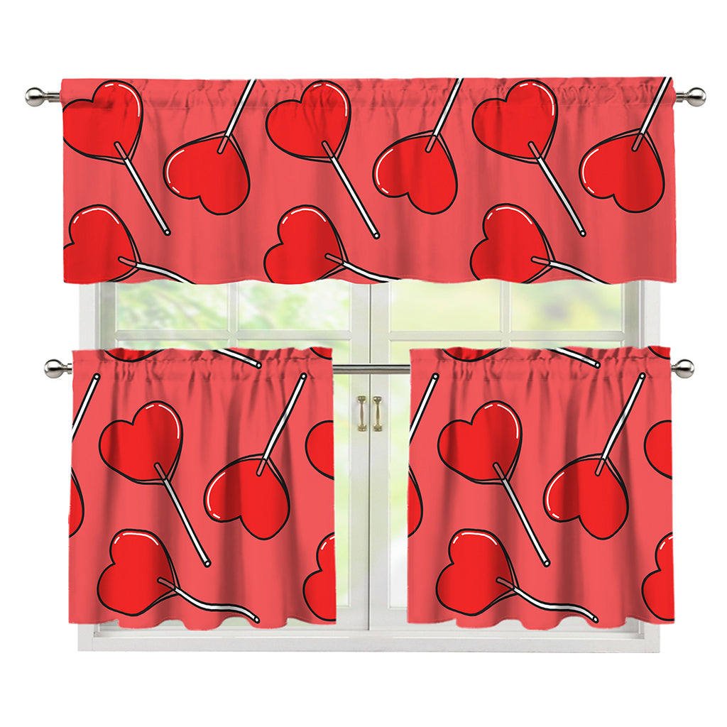 Red Heart Lollipop Pattern Print 3 Piece Kitchen Curtains