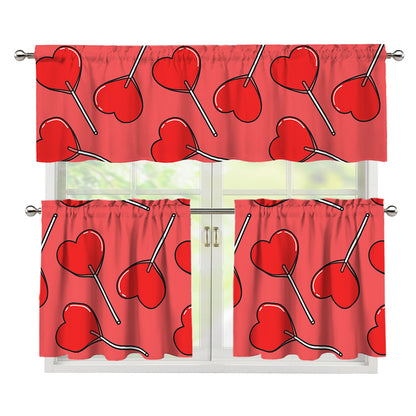 Red Heart Lollipop Pattern Print 3 Piece Kitchen Curtains