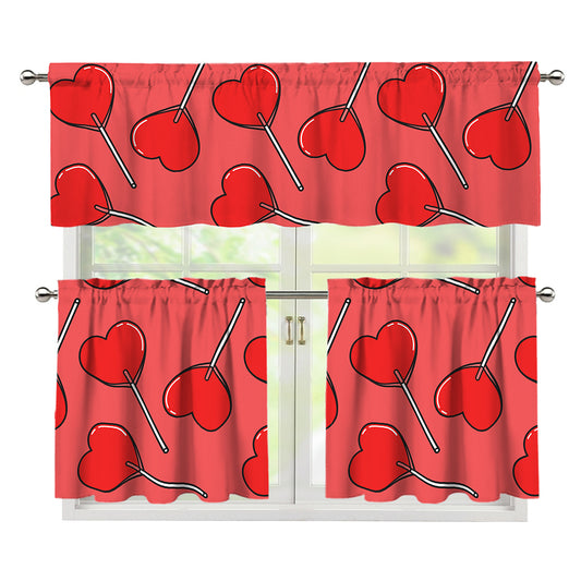 Red Heart Lollipop Pattern Print 3 Piece Kitchen Curtains