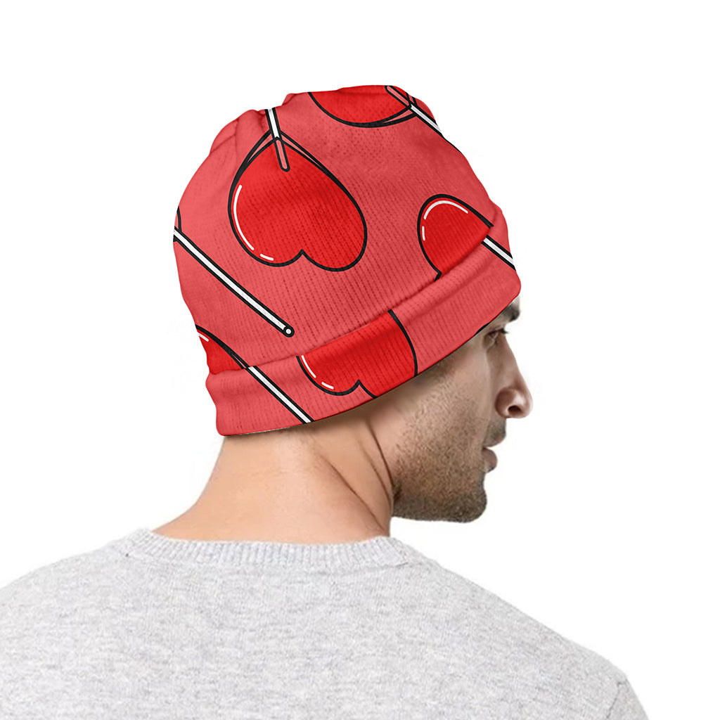 Red Heart Lollipop Pattern Print Beanie