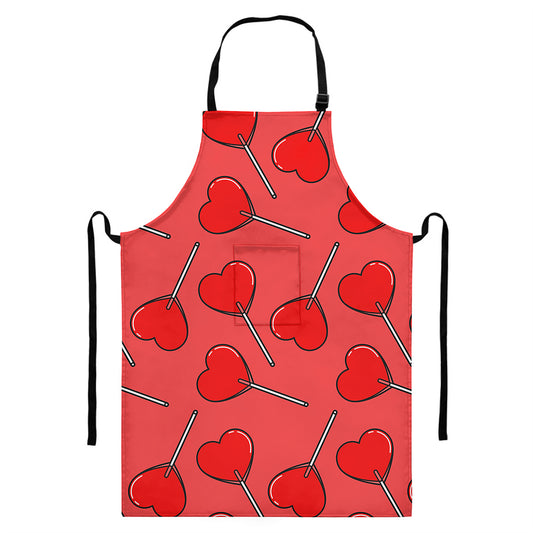 Red Heart Lollipop Pattern Print Bib Apron With Pocket