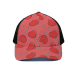 Red Heart Lollipop Pattern Print Black Mesh Trucker Cap