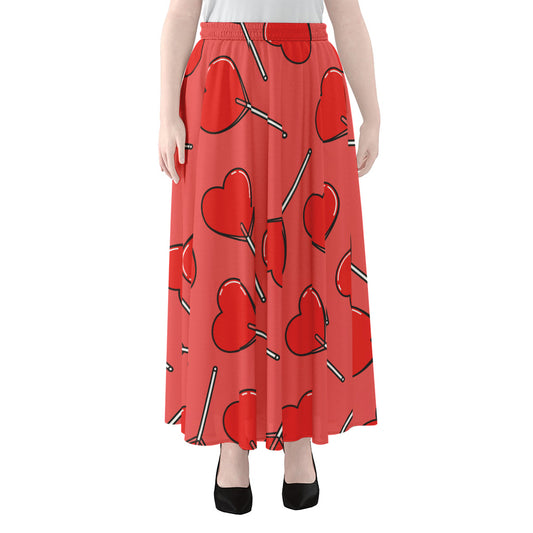 Red Heart Lollipop Pattern Print Chiffon Maxi Skirt