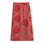 Red Heart Lollipop Pattern Print Cotton Front Slit Maxi Skirt