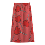 Red Heart Lollipop Pattern Print Cotton Front Slit Maxi Skirt