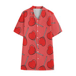 Red Heart Lollipop Pattern Print Cotton Hawaiian Shirt