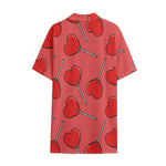 Red Heart Lollipop Pattern Print Cotton Hawaiian Shirt