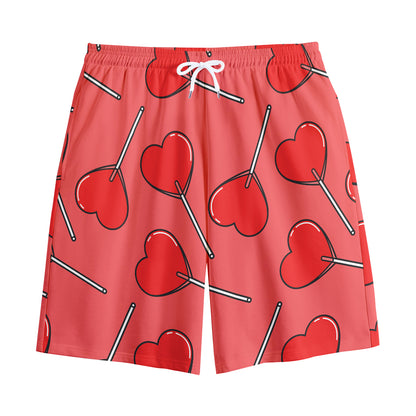 Red Heart Lollipop Pattern Print Cotton Shorts