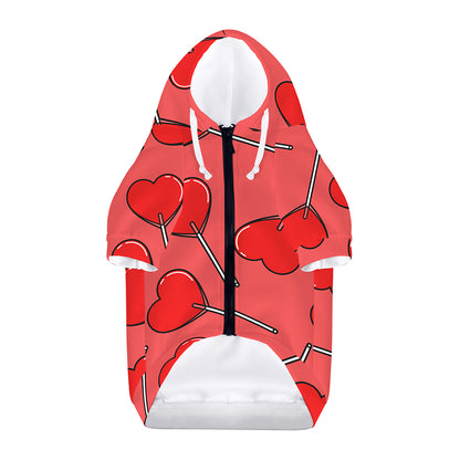 Red Heart Lollipop Pattern Print Dog Zip Up Hoodie