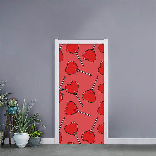 Red Heart Lollipop Pattern Print Door Sticker