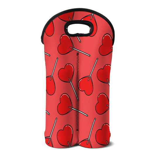 Red Heart Lollipop Pattern Print Double Neoprene Wine Tote