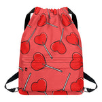 Red Heart Lollipop Pattern Print Drawstring Backpack