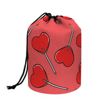 Red Heart Lollipop Pattern Print Drawstring Makeup Bag
