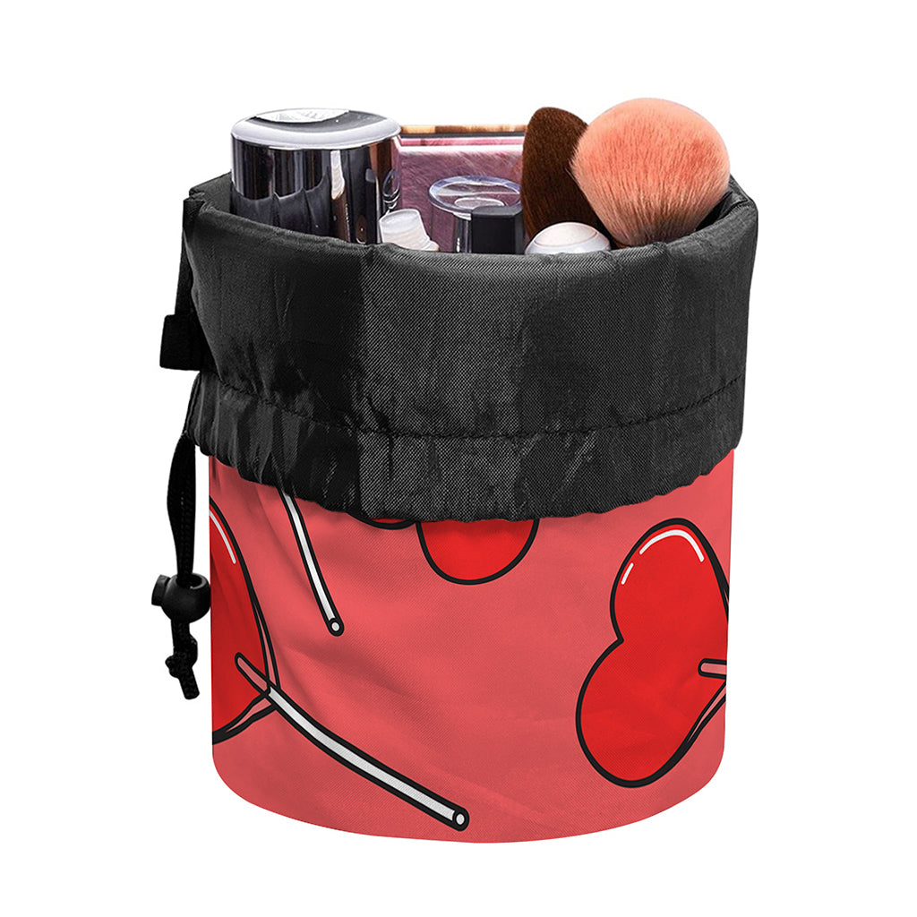 Red Heart Lollipop Pattern Print Drawstring Makeup Bag