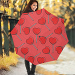 Red Heart Lollipop Pattern Print Foldable Umbrella