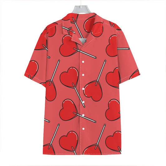 Red Heart Lollipop Pattern Print Hawaiian Shirt