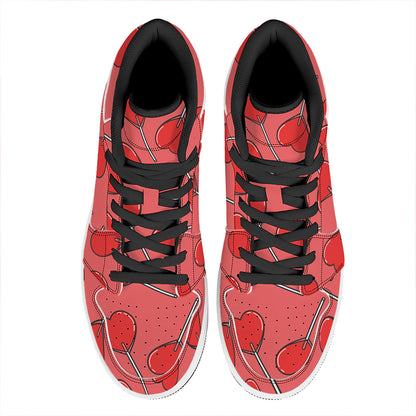 Red Heart Lollipop Pattern Print High Top Leather Sneakers