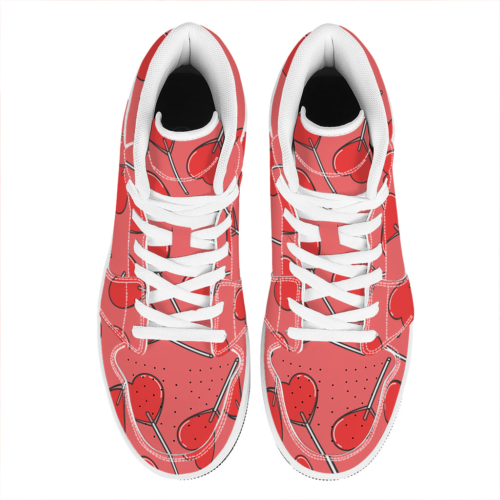 Red Heart Lollipop Pattern Print High Top Leather Sneakers