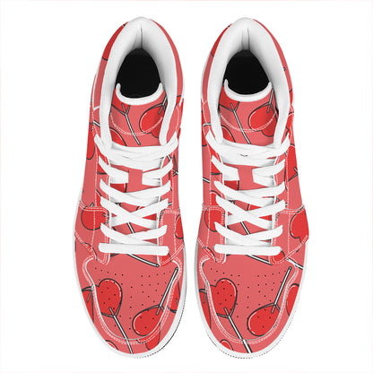 Red Heart Lollipop Pattern Print High Top Leather Sneakers