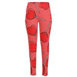 Red Heart Lollipop Pattern Print High-Waisted Pocket Leggings
