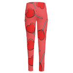 Red Heart Lollipop Pattern Print High-Waisted Pocket Leggings