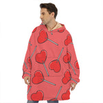 Red Heart Lollipop Pattern Print Hoodie Blanket