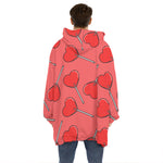 Red Heart Lollipop Pattern Print Hoodie Blanket