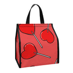 Red Heart Lollipop Pattern Print Insulated Lunch Tote