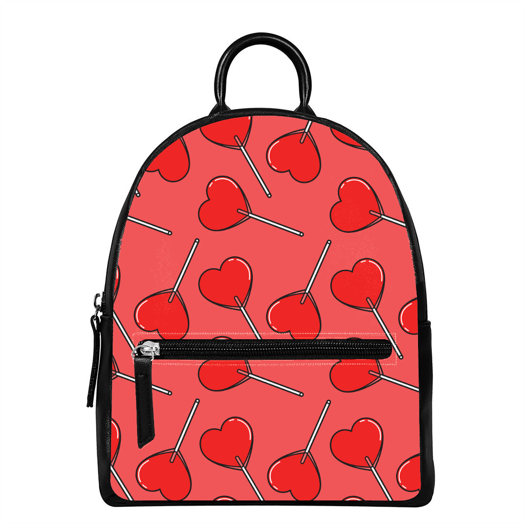 Red Heart Lollipop Pattern Print Leather Backpack