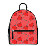 Red Heart Lollipop Pattern Print Leather Backpack