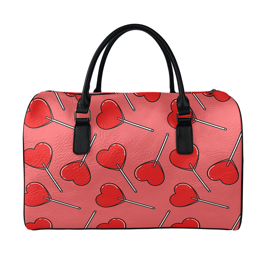 Red Heart Lollipop Pattern Print Leather Duffle Bag