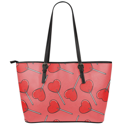 Red Heart Lollipop Pattern Print Leather Tote Bag