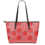 Red Heart Lollipop Pattern Print Leather Tote Bag