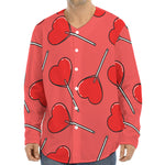 Red Heart Lollipop Pattern Print Long Sleeve Baseball Jersey