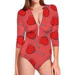 Red Heart Lollipop Pattern Print Long Sleeve Swimsuit