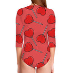 Red Heart Lollipop Pattern Print Long Sleeve Swimsuit