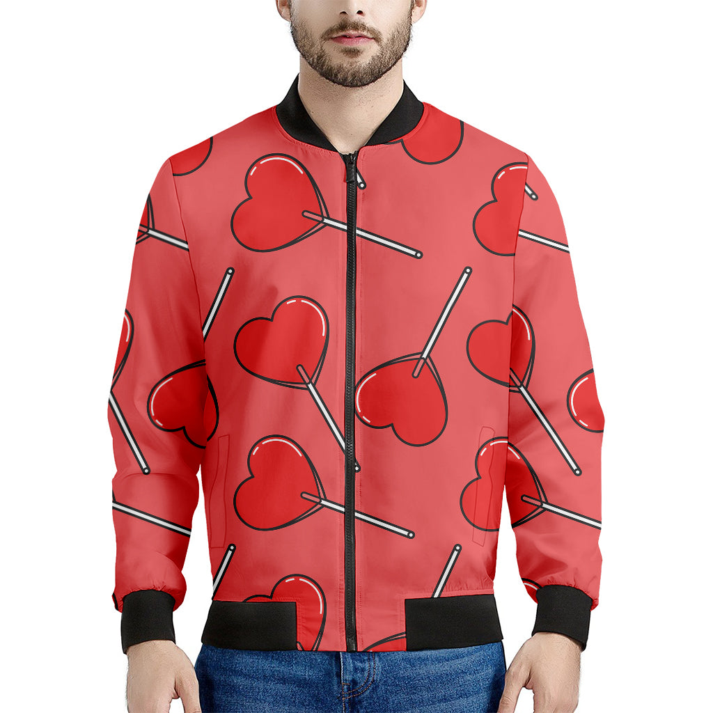 Red Heart Lollipop Pattern Print Men's Bomber Jacket