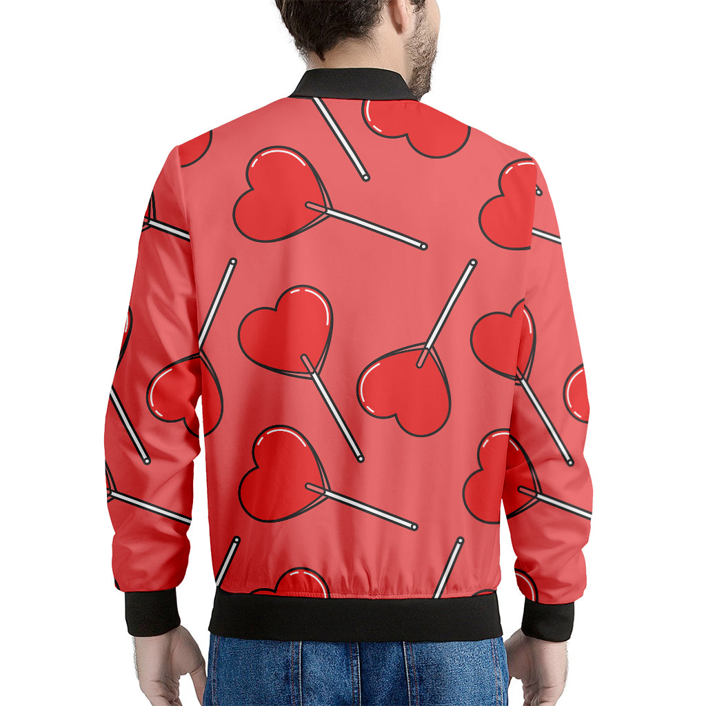 Red Heart Lollipop Pattern Print Men's Bomber Jacket